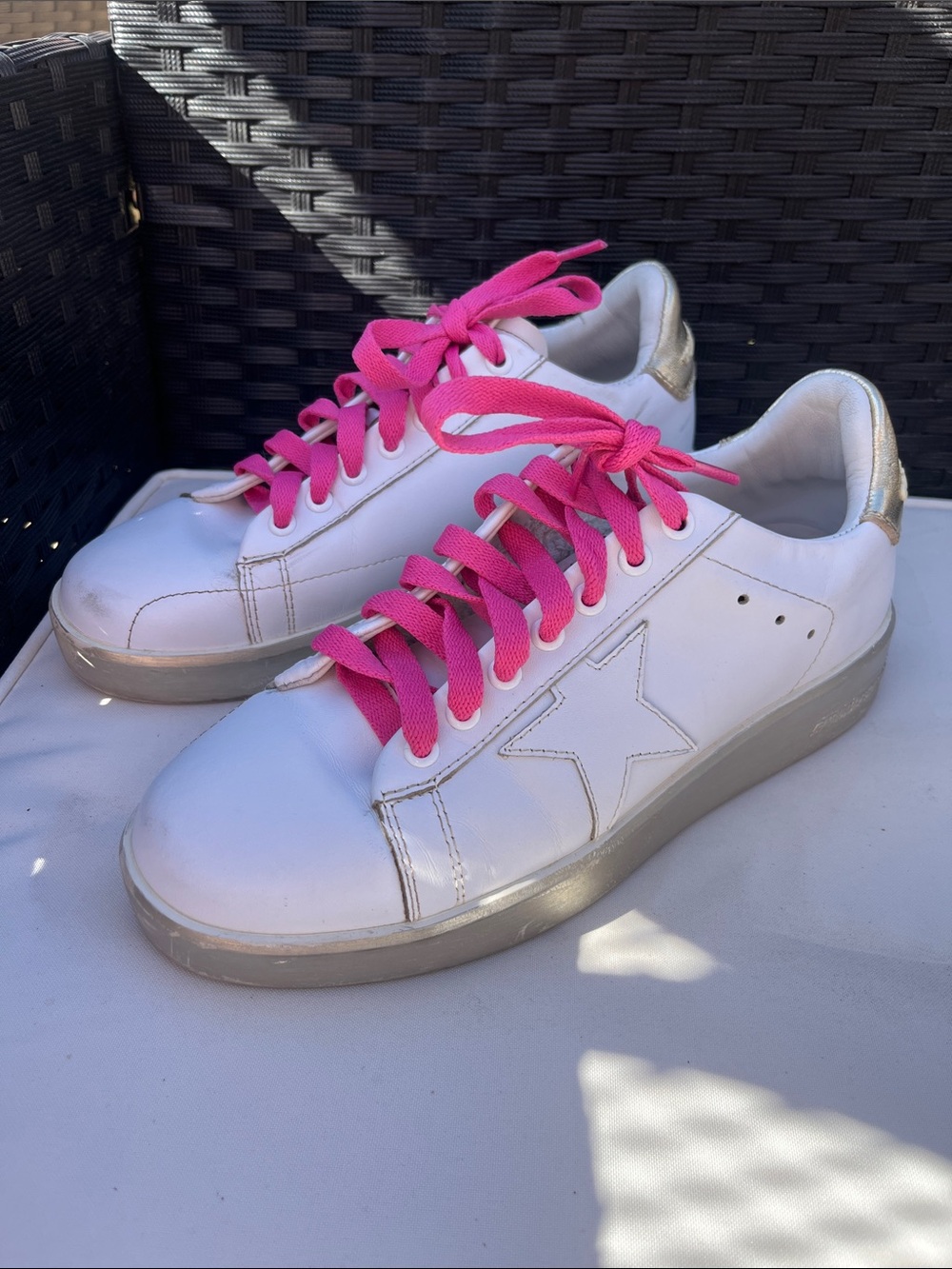 Golden Goose White Leather Sneakers with Pink Laces and Gold Heel